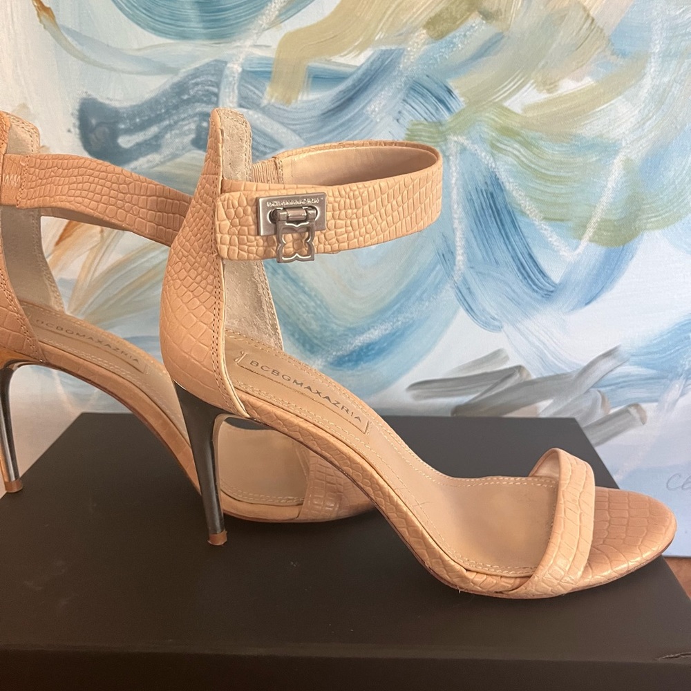 BCBGMAXAZRIA Nude High Heel Sandals with Logo Strap
